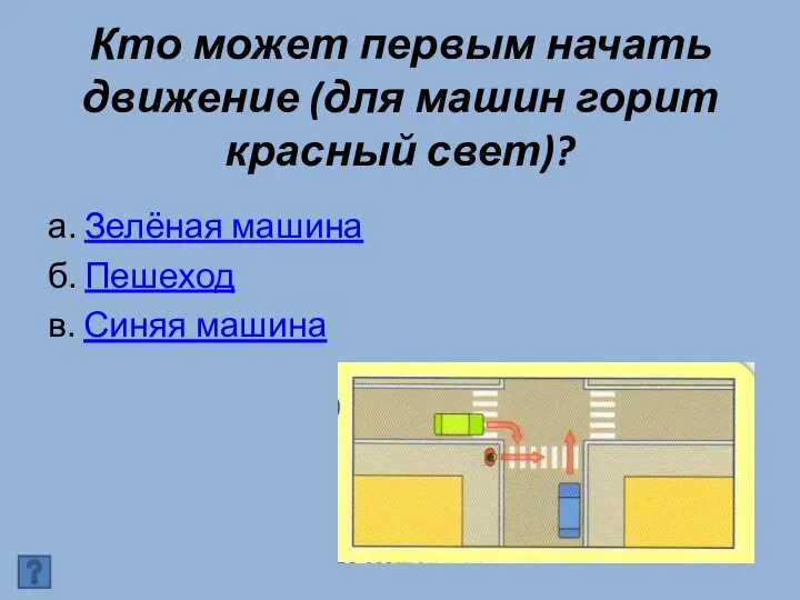 Кто может первым начать движение (для машин горит красный свет)? а.