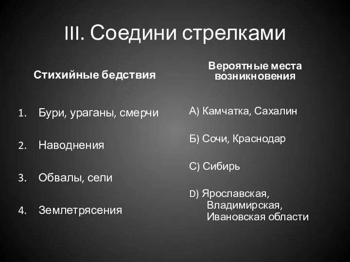 III. Соедини стрелками Стихийные бедствия Бури, ураганы, смерчи Наводнения Обвалы, сели