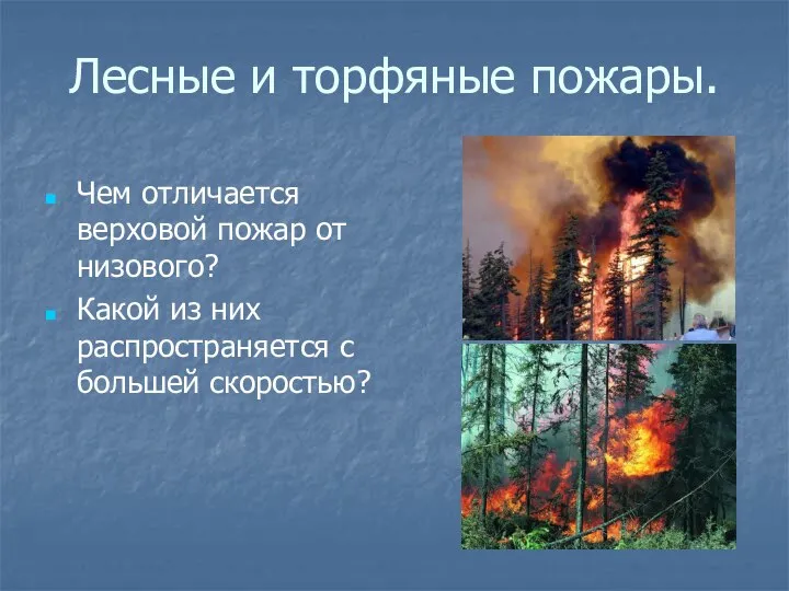 Лесные и торфяные пожары. Чем отличается верховой пожар от низового? Какой