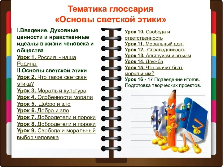 Тематика глоссария «Основы светской этики» I.Введение. Духовные ценности и нравственные идеалы