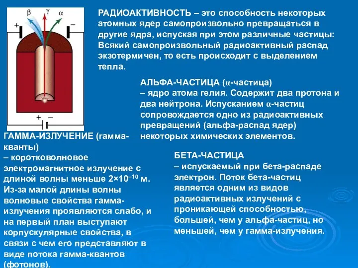 РАДИОАКТИВНОСТЬ – это способность некоторых атомных ядер самопроизвольно превращаться в другие