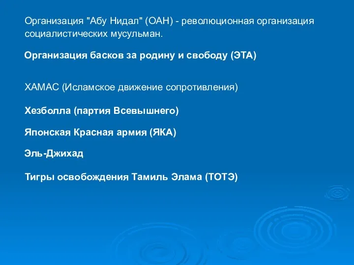 Организация "Абу Нидал" (ОАН) - революционная организация социалистических мусульман. Организация басков