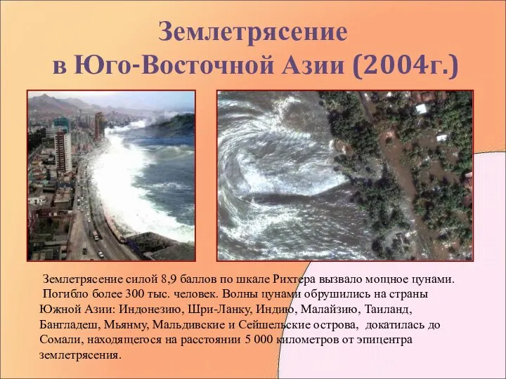 Землетрясение в Юго-Восточной Азии (2004г.) Землетрясение силой 8,9 баллов по шкале