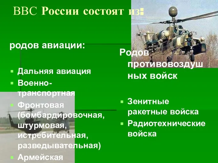 ВВС России состоят из: родов авиации: Дальняя авиация Военно-транспортная Фронтовая (бомбардировочная,