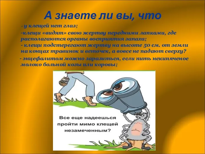 А знаете ли вы, что - у клещей нет глаз; -клещи