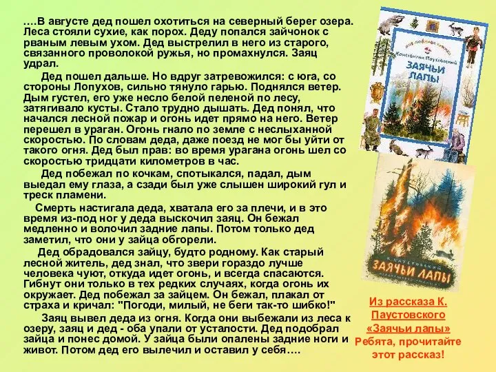 Из рассказа К. Паустовского «Заячьи лапы» Ребята, прочитайте этот рассказ! ….В