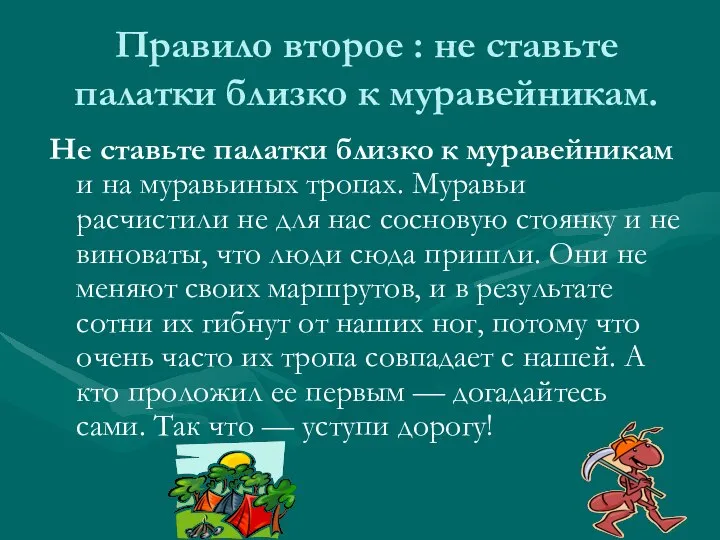 Правило второе : не ставьте палатки близко к муравейникам. Не ставьте