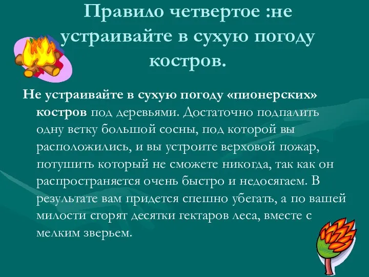 Правило четвертое :не устраивайте в сухую погоду костров. Не устраивайте в