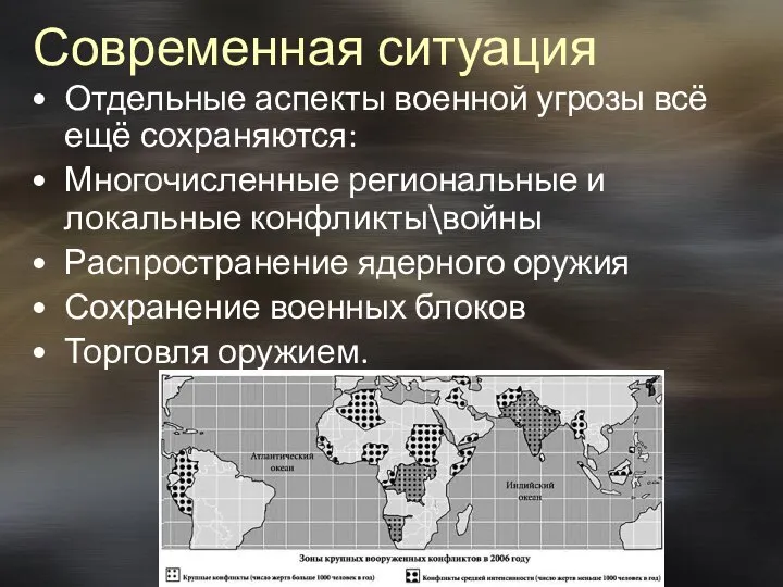 Современная ситуация Отдельные аспекты военной угрозы всё ещё сохраняются: Многочисленные региональные