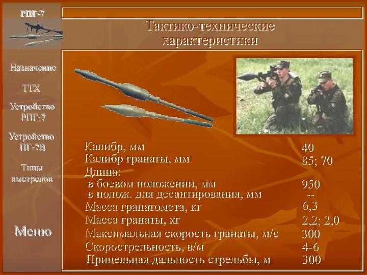 РПГ-7 Тактико-технические характеристики Прицельная дальность стрельбы, м 300 Назначение ТТХ Меню