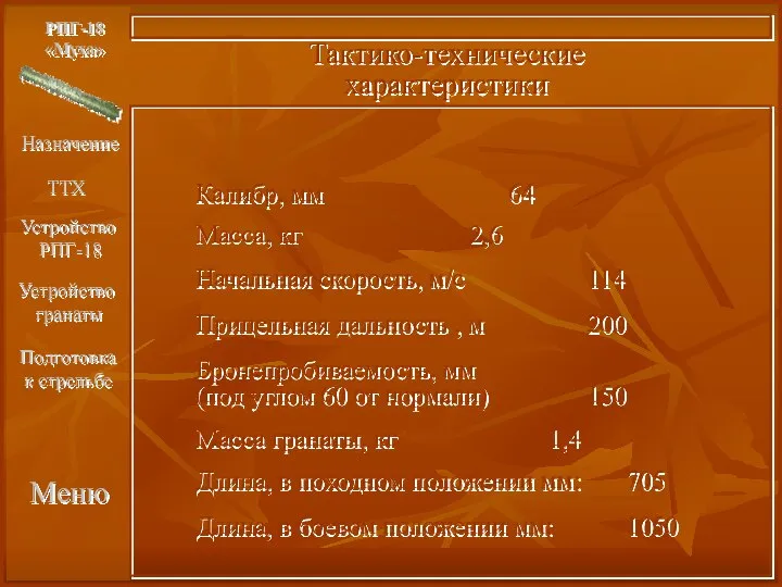 Меню РПГ-18 «Муха» Тактико-технические характеристики Калибр, мм 64 Масса, кг 2,6