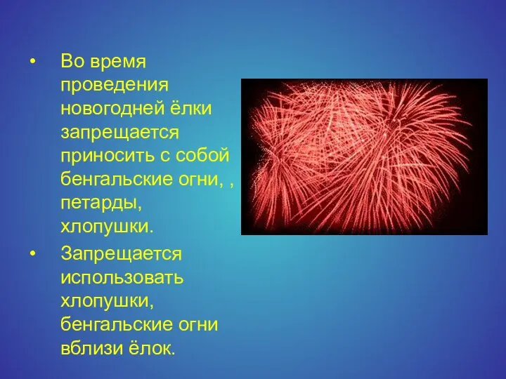 Во время проведения новогодней ёлки запрещается приносить с собой бенгальские огни,