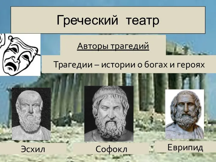 Греческий театр Авторы трагедий Трагедии – истории о богах и героях Эсхил Софокл Еврипид