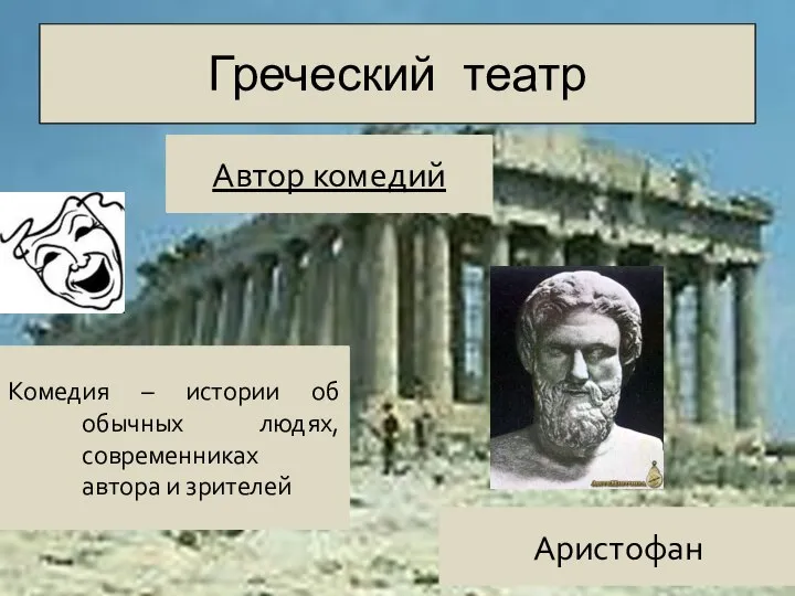 Греческий театр Автор комедий Комедия – истории об обычных людях, современниках автора и зрителей Аристофан