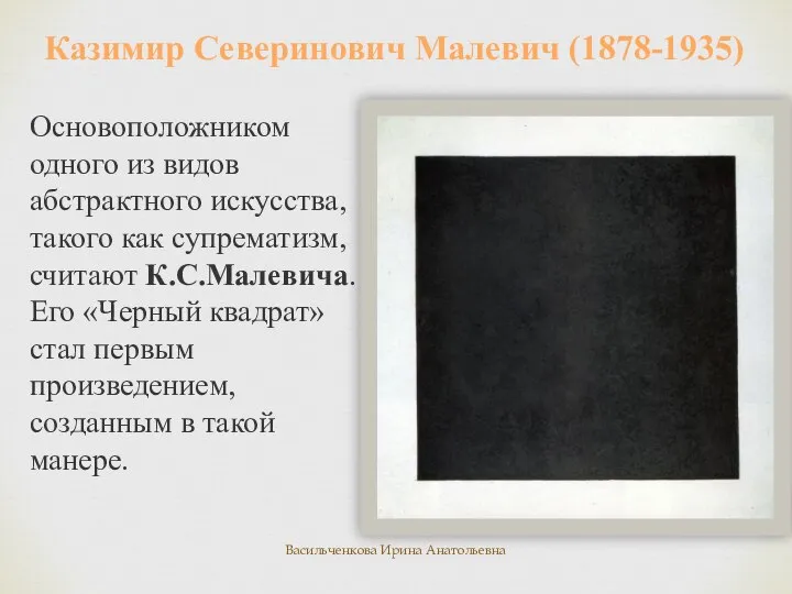 Казимир Северинович Малевич (1878-1935) Основоположником одного из видов абстрактного искусства, такого