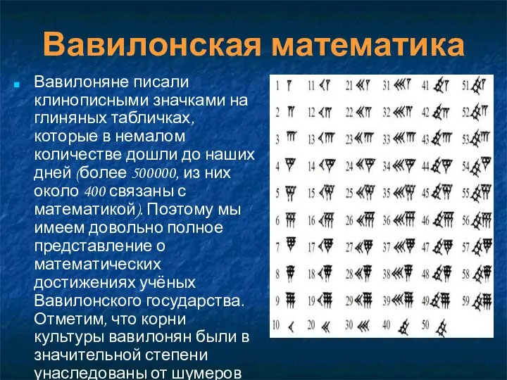 Вавилонская математика Вавилоняне писали клинописными значками на глиняных табличках, которые в