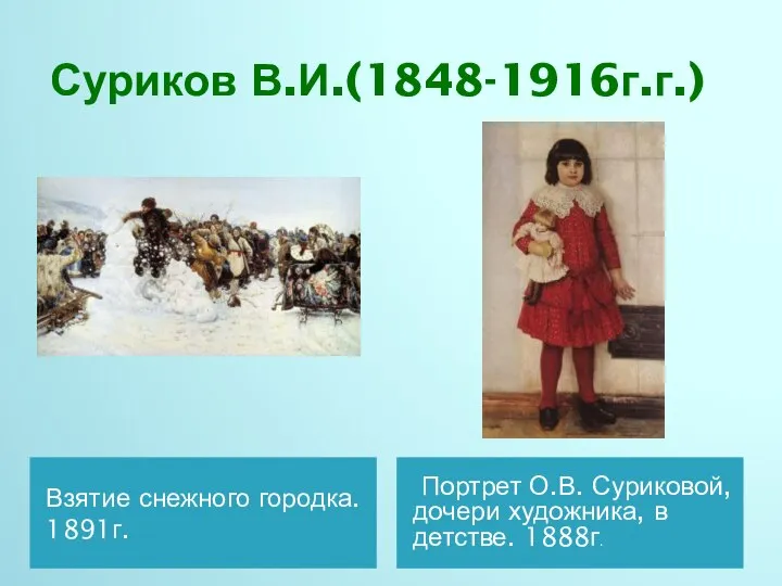 Суриков В.И.(1848-1916г.г.) Взятие снежного городка. 1891г. Портрет О.В. Суриковой, дочери художника, в детстве. 1888г.