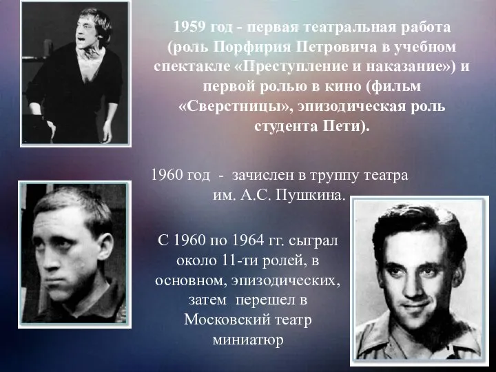 1959 год - первая театральная работа (роль Порфирия Петровича в учебном