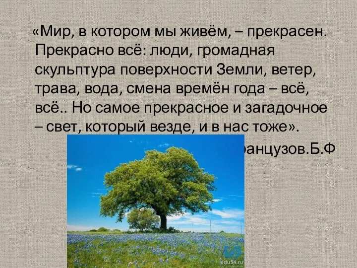 «Мир, в котором мы живём, – прекрасен. Прекрасно всё: люди, громадная