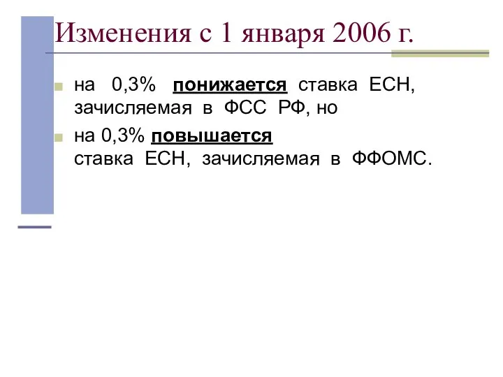 Изменения с 1 января 2006 г. на 0,3% понижается ставка ЕСН,