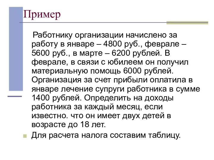 Пример Работнику организации начислено за работу в январе – 4800 руб.,