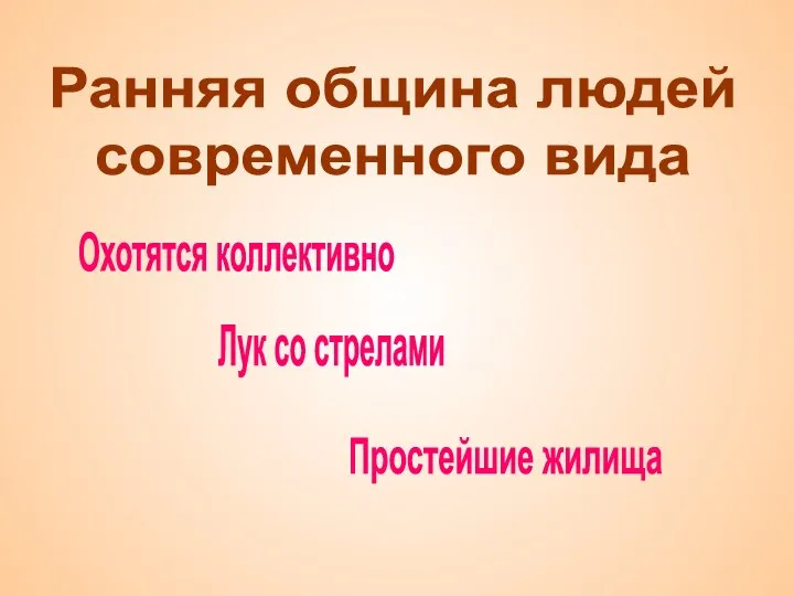 Ранняя община людей современного вида Охотятся коллективно Лук со стрелами Простейшие жилища