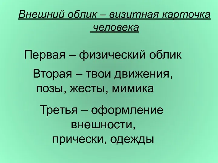 Внешний облик – визитная карточка человека Первая – физический облик Вторая