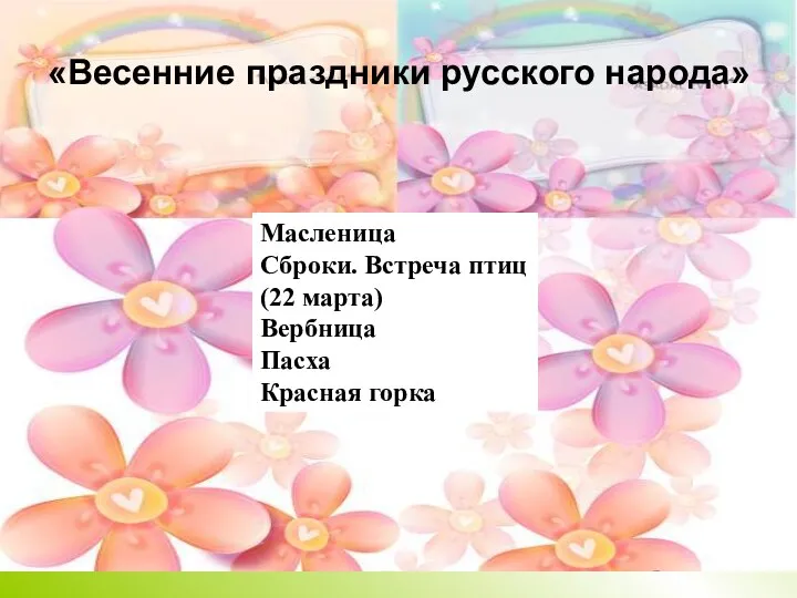 «Весенние праздники русского народа» Масленица Сброки. Встреча птиц (22 марта) Вербница Пасха Красная горка