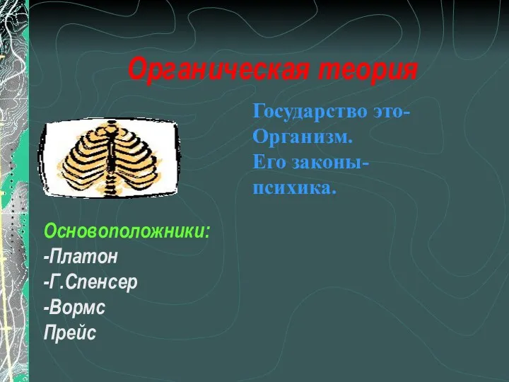 Органическая теория Основоположники: -Платон -Г.Спенсер -Вормс Прейс