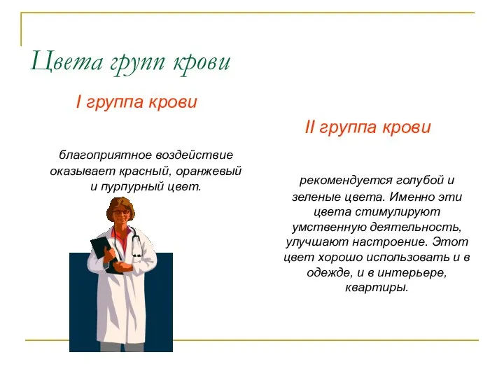 Цвета групп крови I группа крови благоприятное воздействие оказывает красный, оранжевый