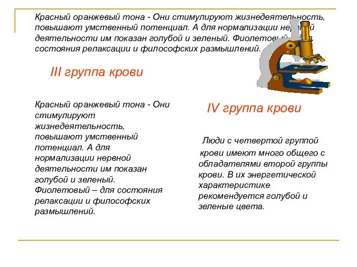 III группа крови Красный оранжевый тона - Они стимулируют жизнедеятельность, повышают