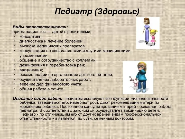 Педиатр (Здоровье) Виды ответственности: прием пациентов — детей с родителями; консалтинг;