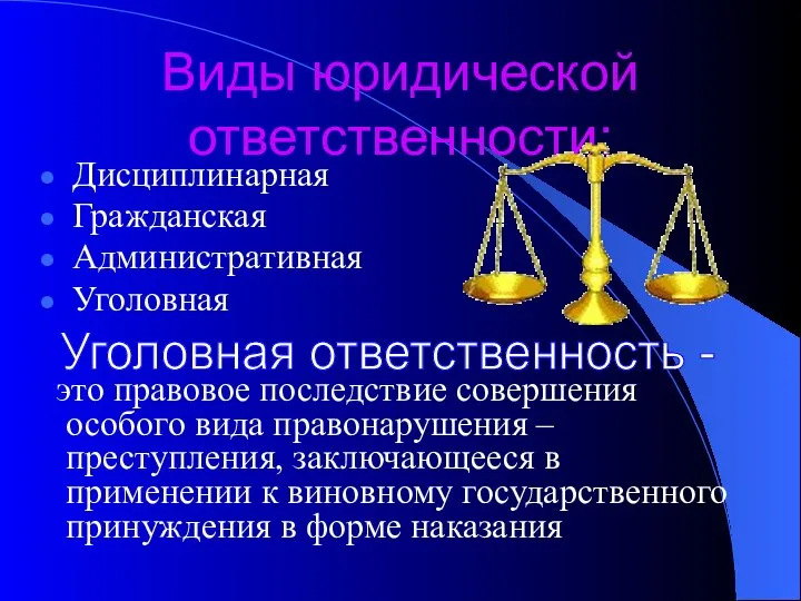 Виды юридической ответственности: Дисциплинарная Гражданская Административная Уголовная это правовое последствие совершения