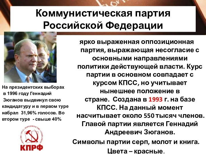 Коммунистическая партия Российской Федерации ярко выраженная оппозиционная партия, выражающая несогласие с