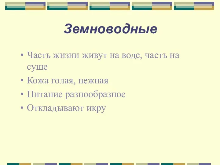 Земноводные Часть жизни живут на воде, часть на суше Кожа голая, нежная Питание разнообразное Откладывают икру