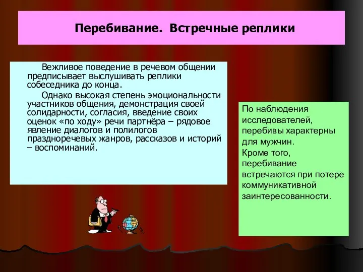 Перебивание. Встречные реплики Вежливое поведение в речевом общении предписывает выслушивать реплики