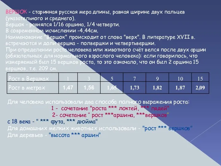 ВЕРШОК - старинная русская мера длины, равная ширине двух пальцев (указательного