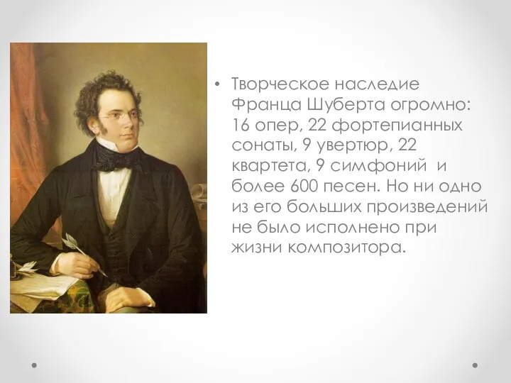 Творческое наследие Франца Шуберта огромно: 16 опер, 22 фортепианных сонаты, 9