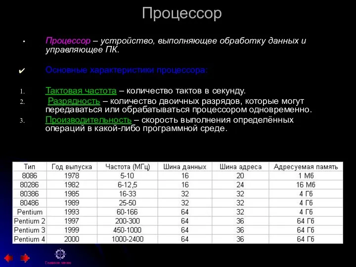 Процессор Процессор – устройство, выполняющее обработку данных и управляющее ПК. Основные