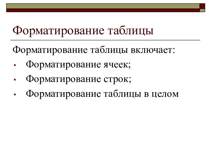 Форматирование таблицы Форматирование таблицы включает: Форматирование ячеек; Форматирование строк; Форматирование таблицы в целом