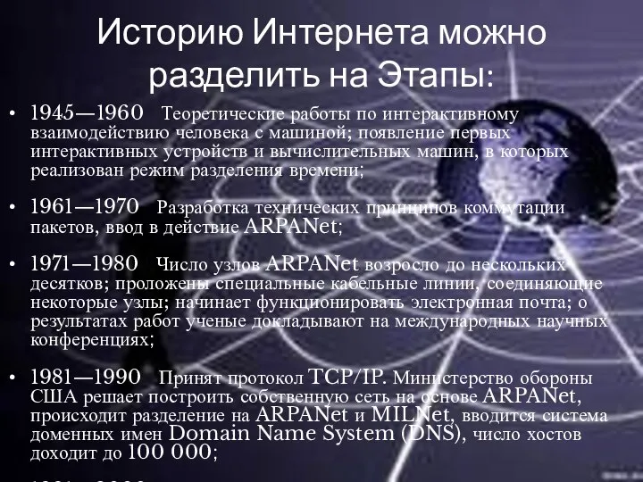 Историю Интернета можно разделить на Этапы: 1945—1960 Теоретические работы по интерактивному