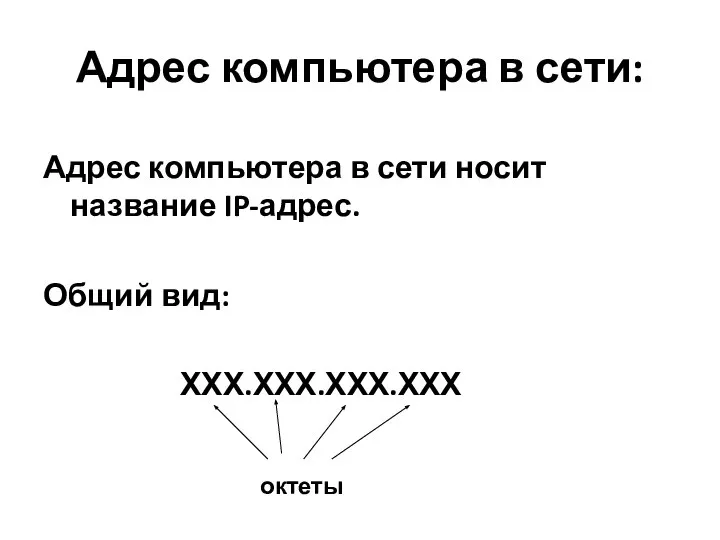 Адрес компьютера в сети носит название IP-адрес. Общий вид: ХХХ.ХХХ.ХХХ.ХХХ Адрес компьютера в сети: октеты