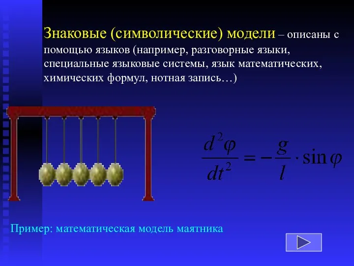 Пример: математическая модель маятника Знаковые (символические) модели – описаны с помощью