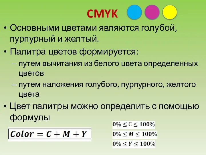 CMYK Основными цветами являются голубой, пурпурный и желтый. Палитра цветов формируется: