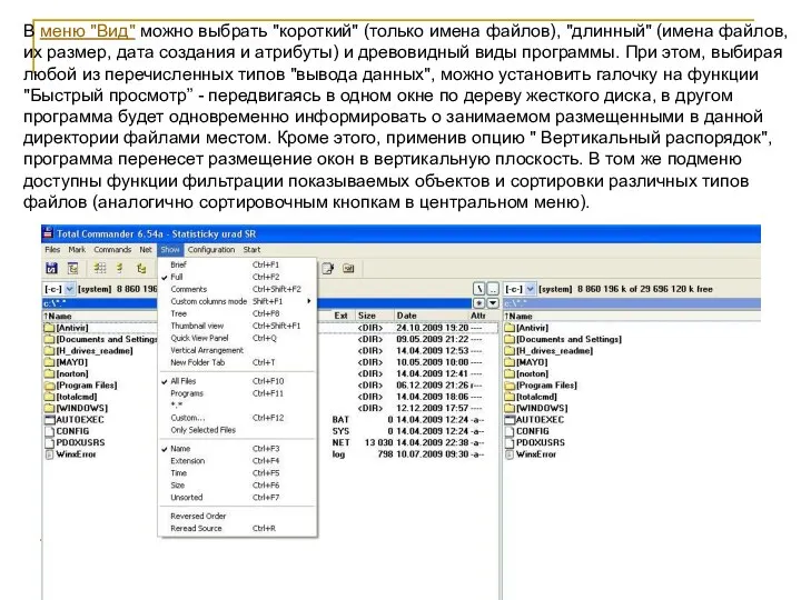 В меню "Вид" можно выбрать "короткий" (только имена файлов), "длинный" (имена