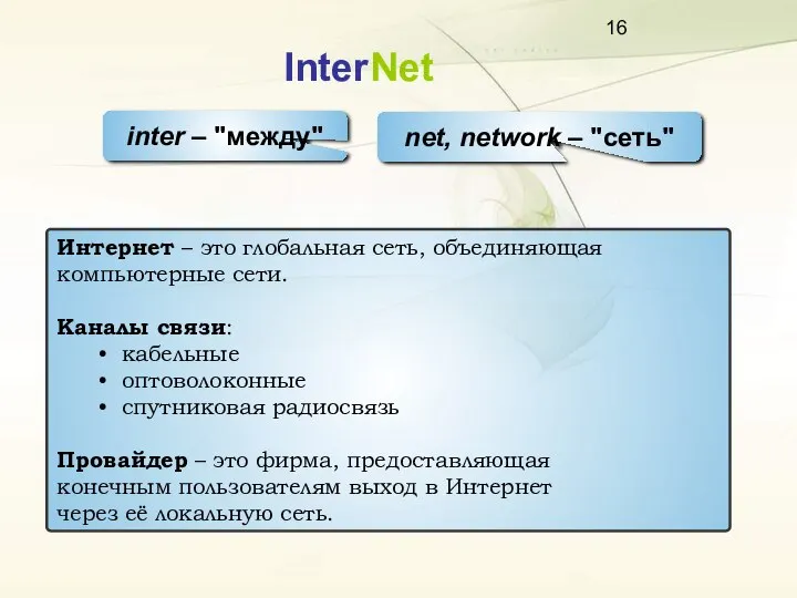 InterNet inter – "между" net, network – "сеть" Интернет – это