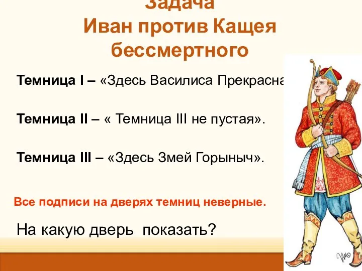 Задача Иван против Кащея бессмертного Темница I – «Здесь Василиса Прекрасная».