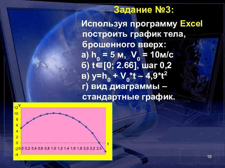 Задание №3: Используя программу Excel построить график тела, брошенного вверх: а)