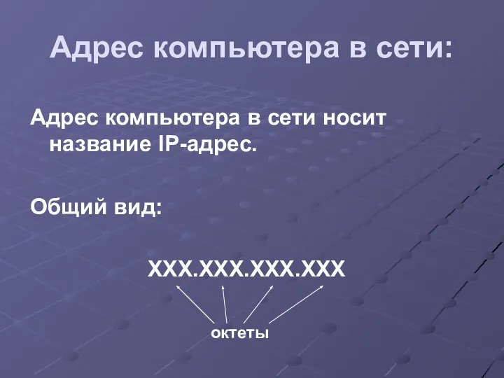 Адрес компьютера в сети носит название IP-адрес. Общий вид: ХХХ.ХХХ.ХХХ.ХХХ Адрес компьютера в сети: октеты