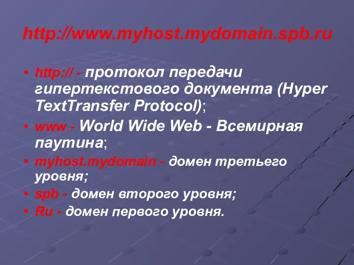 http://www.myhost.mydomain.spb.ru http:// - протокол передачи гипертекстового документа (Hyper TextTransfer Protocol); www